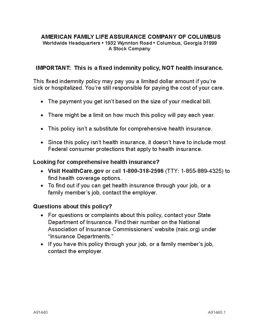 First page of Hospital Confinement Indemnity
