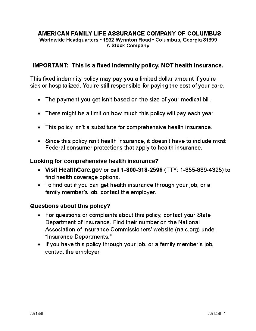 First page of Hospital Confinement Indemnity