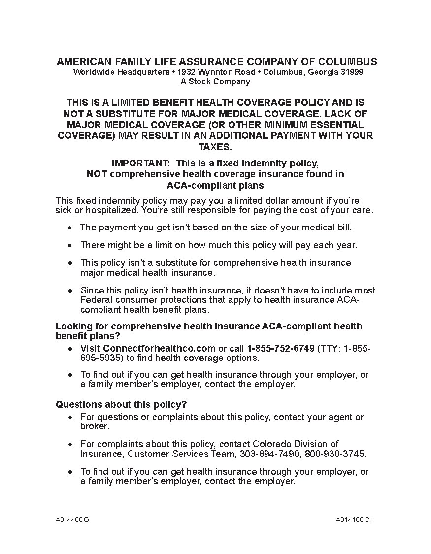First page of Hospital Confinement Indemnity